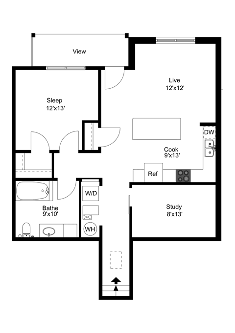 Floor plan for 1 bed, 1 bath, 1013 sqft